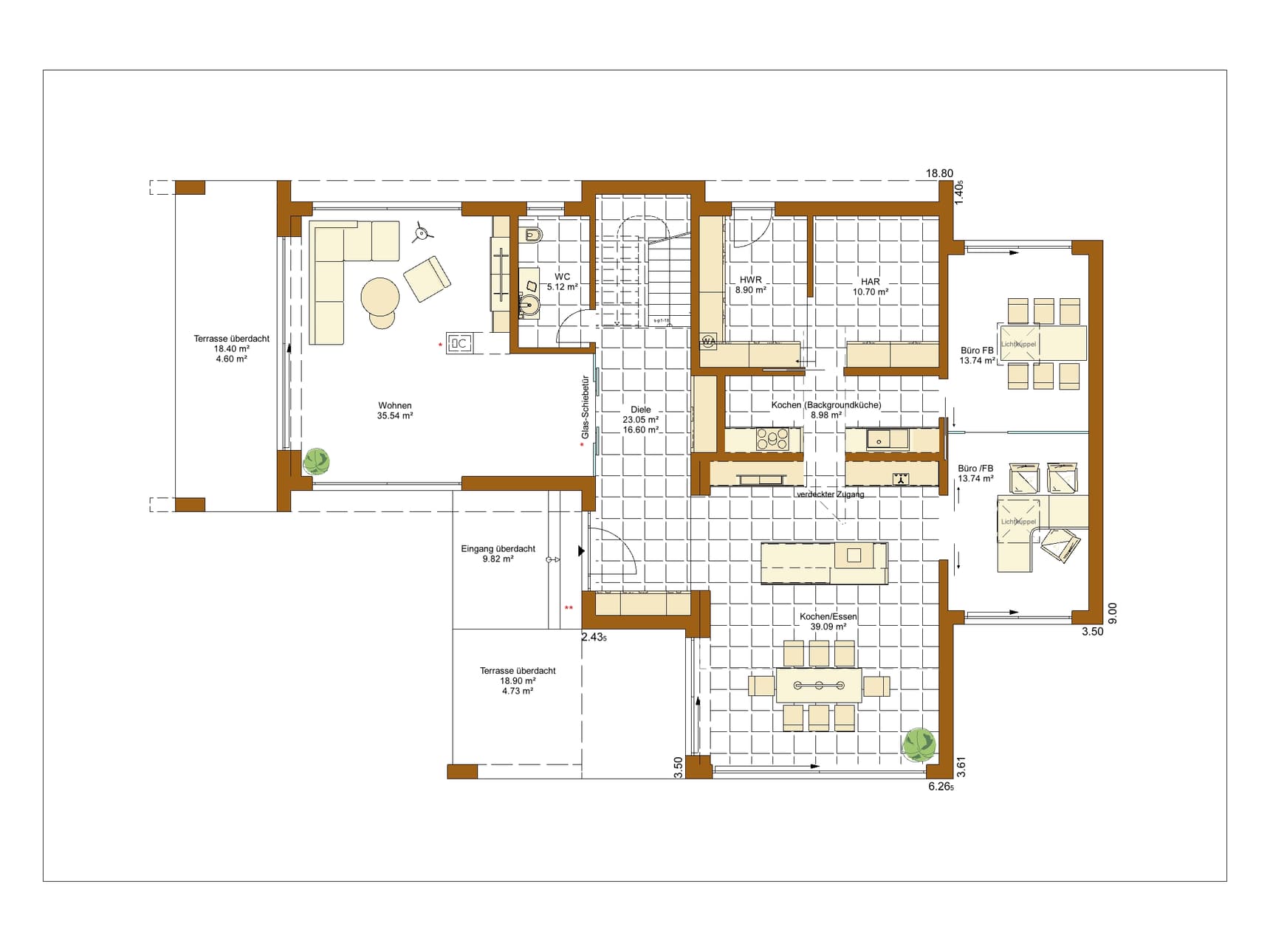 Grundriss Erdgeschoss mit Wohnen, Kochen, Essen, zwei Büros und zwei überdachten Terrassen in neutralen Farben