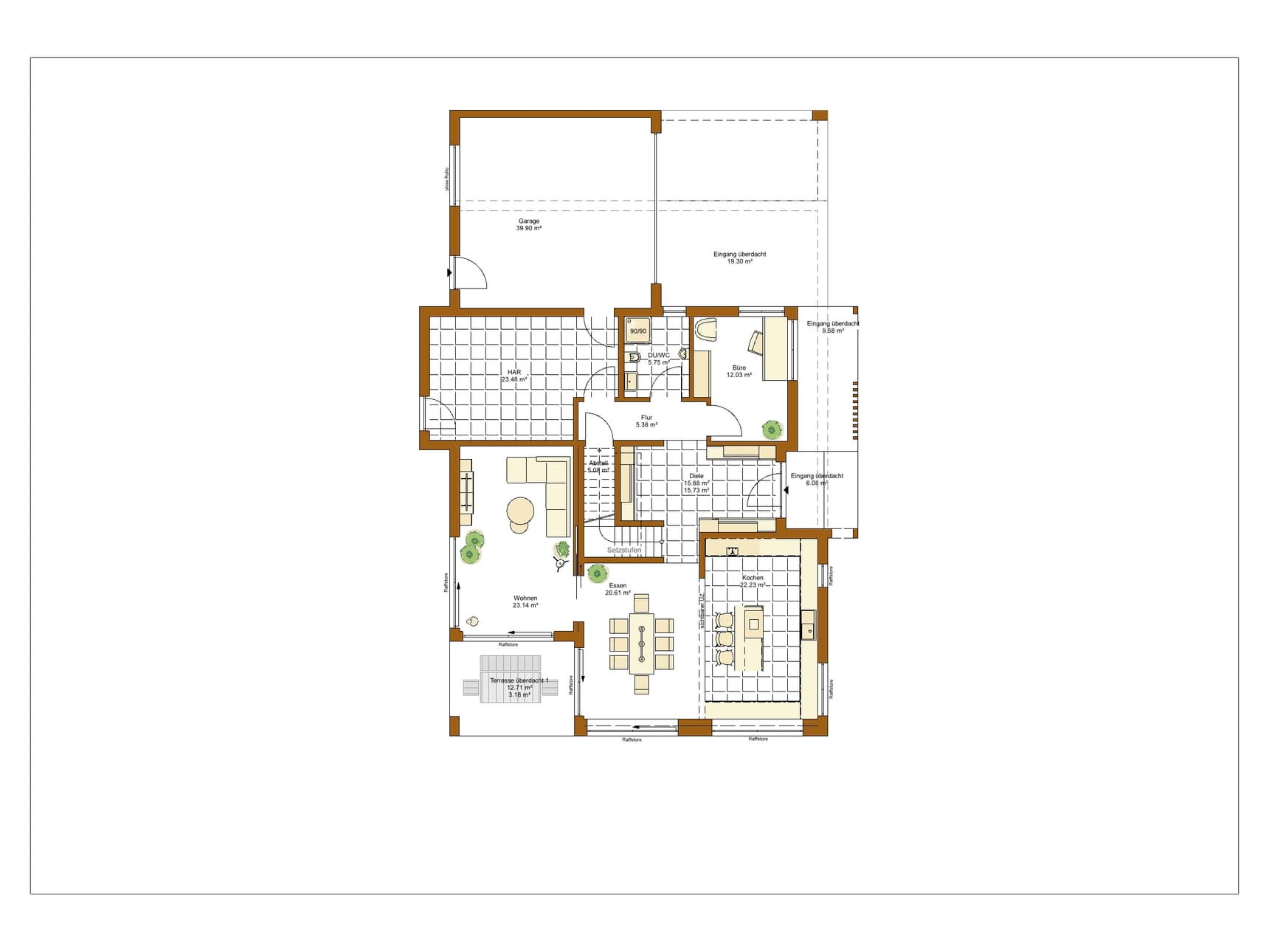 Grundriss Erdgeschoss mit Garage, Wohnbereich, Esszimmer, Küche, Büro, Diele und überdachter Terrasse in moderner Architektur