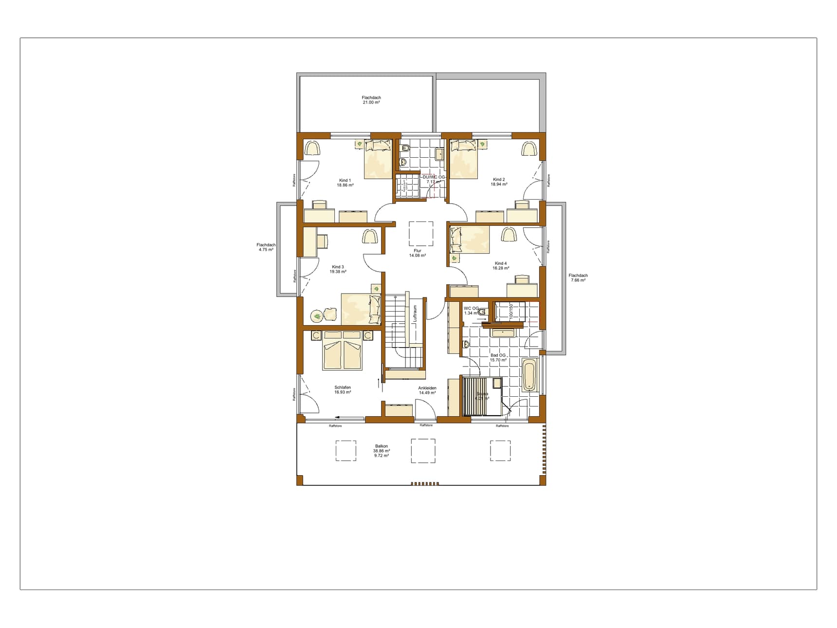 Grundriss eines Obergeschosses mit vier Kinderzimmern, Schlafzimmer, Bad, Ankleidezimmer und großem Balkon in Braun und Weiß
