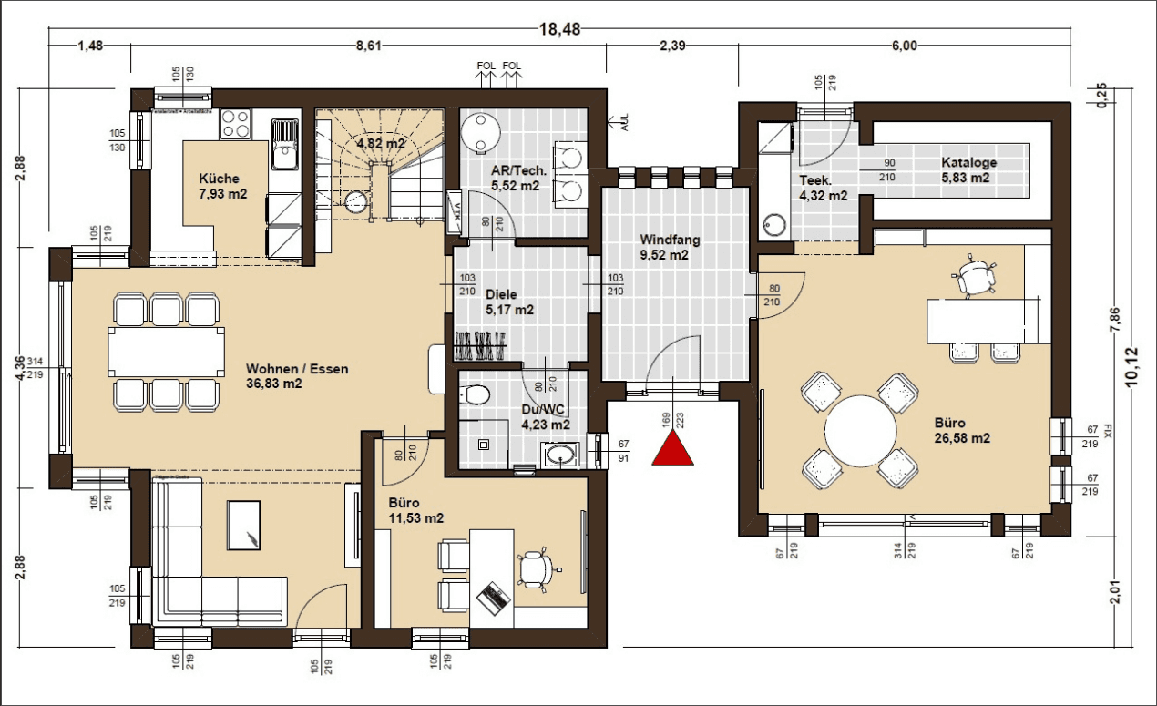 Grundriss eines modernen Musterhauses mit Küche, Wohn- und Essbereich, Büro, Windfang, WC und Technikraum.