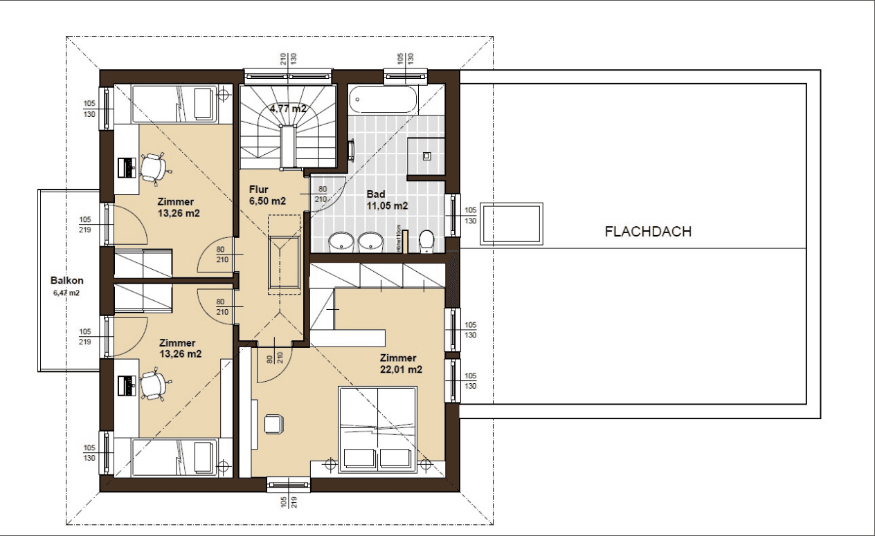Grundriss des Obergeschosses im modernen Musterhaus mit drei Zimmern, Bad, Flur, Balkon und angrenzendem Flachdach.