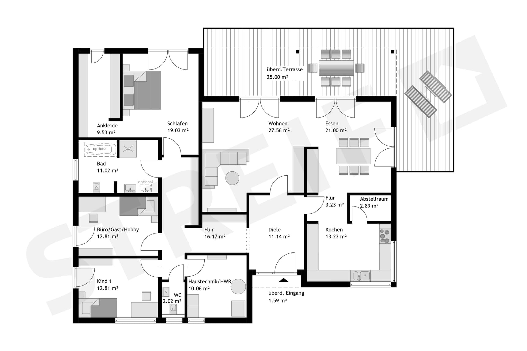 Grundriss von Bungalow im Bauhausstil mit Terrasse