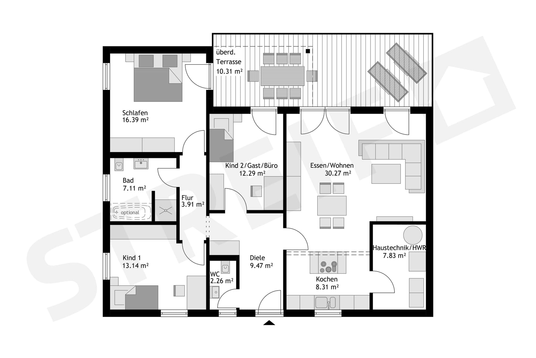 Grundriss von Bungalow mit überdachter Terrasse