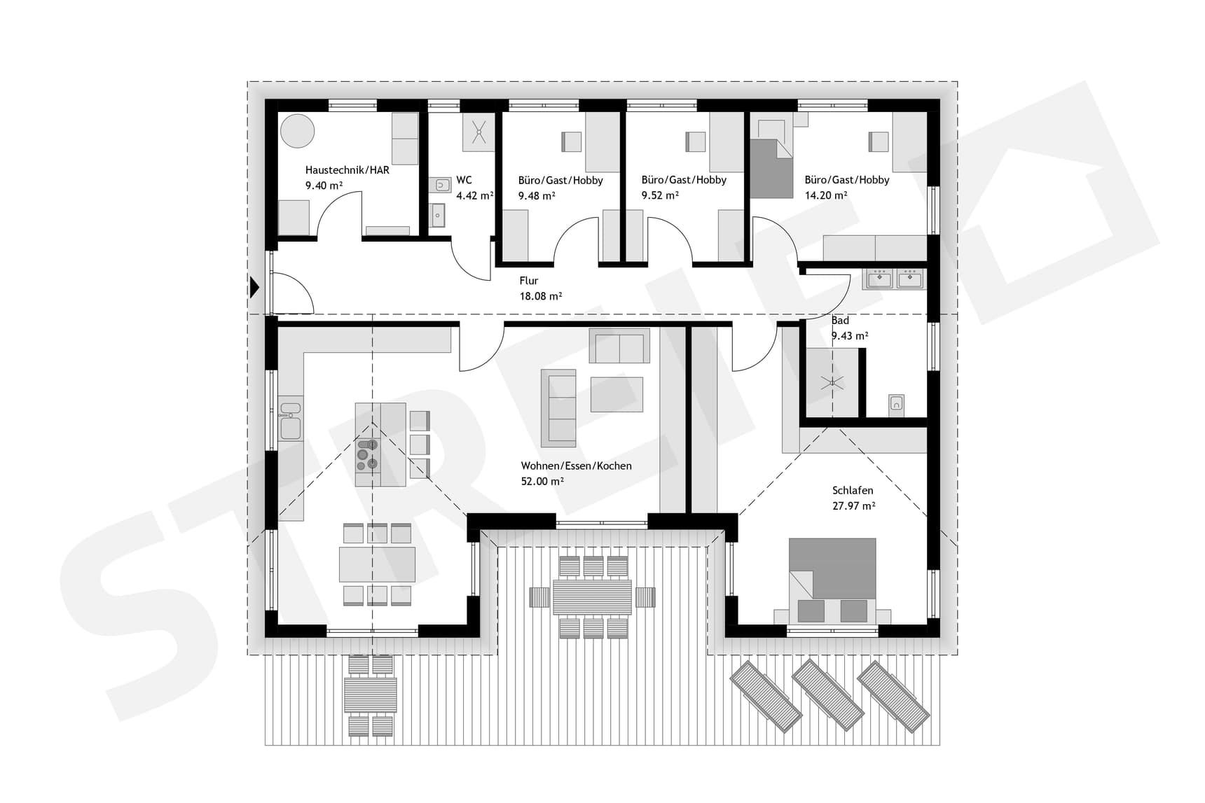 Grundriss vom Bungalow mit zwei Erkern