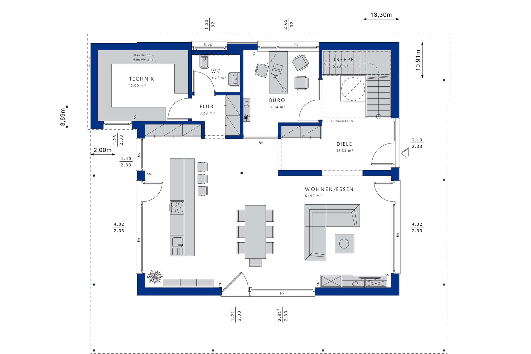 Grundriss Erdgeschoss Musterhaus mit offenem Wohn- und Essbereich, Küche, Büro, Gäste-WC, Technikraum und Diele.