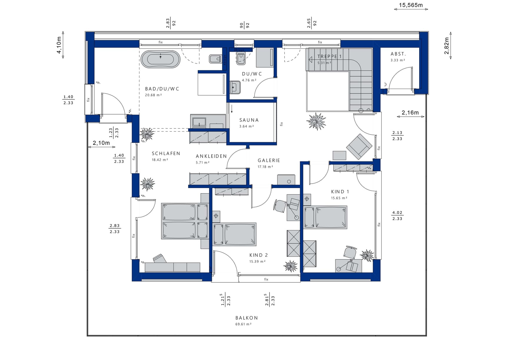 Grundriss Obergeschoss Musterhaus mit Schlafzimmer, zwei Kinderzimmern, Bad, Sauna, Ankleide, Galerie und Balkon.