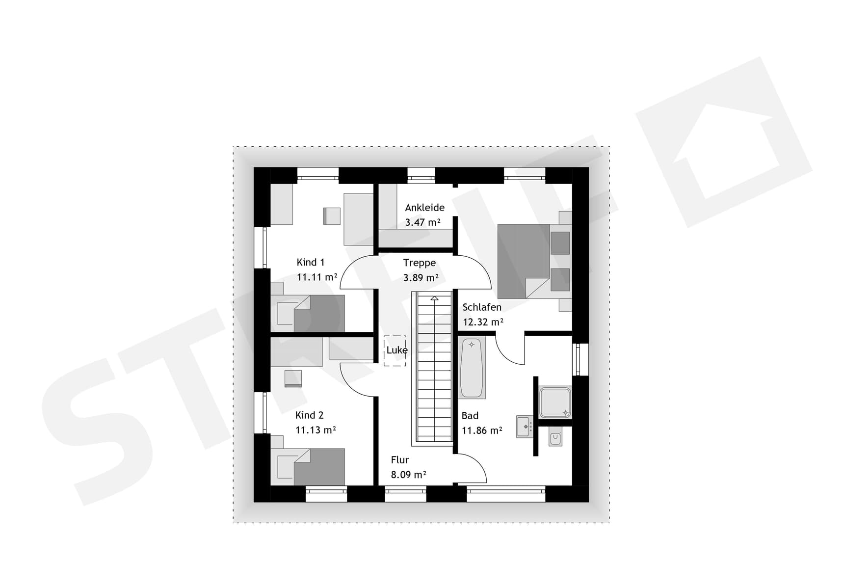 Grundriss des Obergeschosses City L Klinkerhaus
