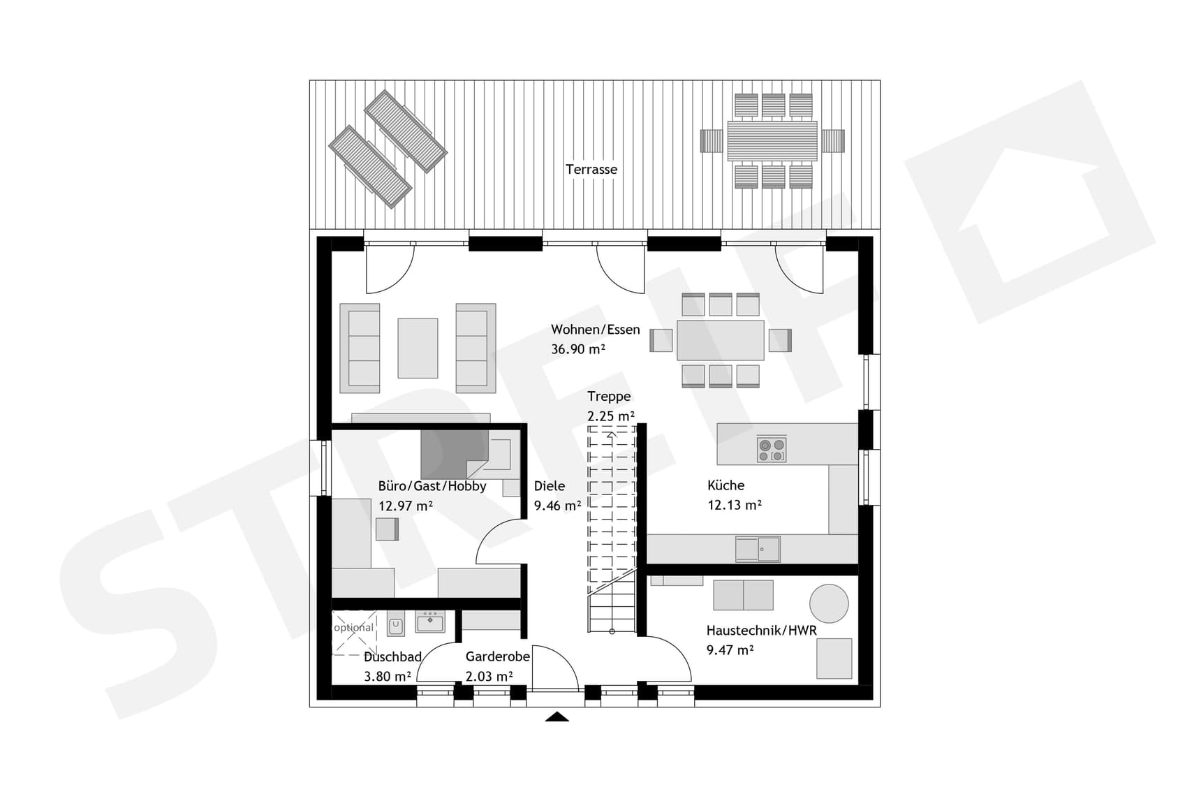 Grundriss des Erdgeschosses City XXL Klinkerhaus