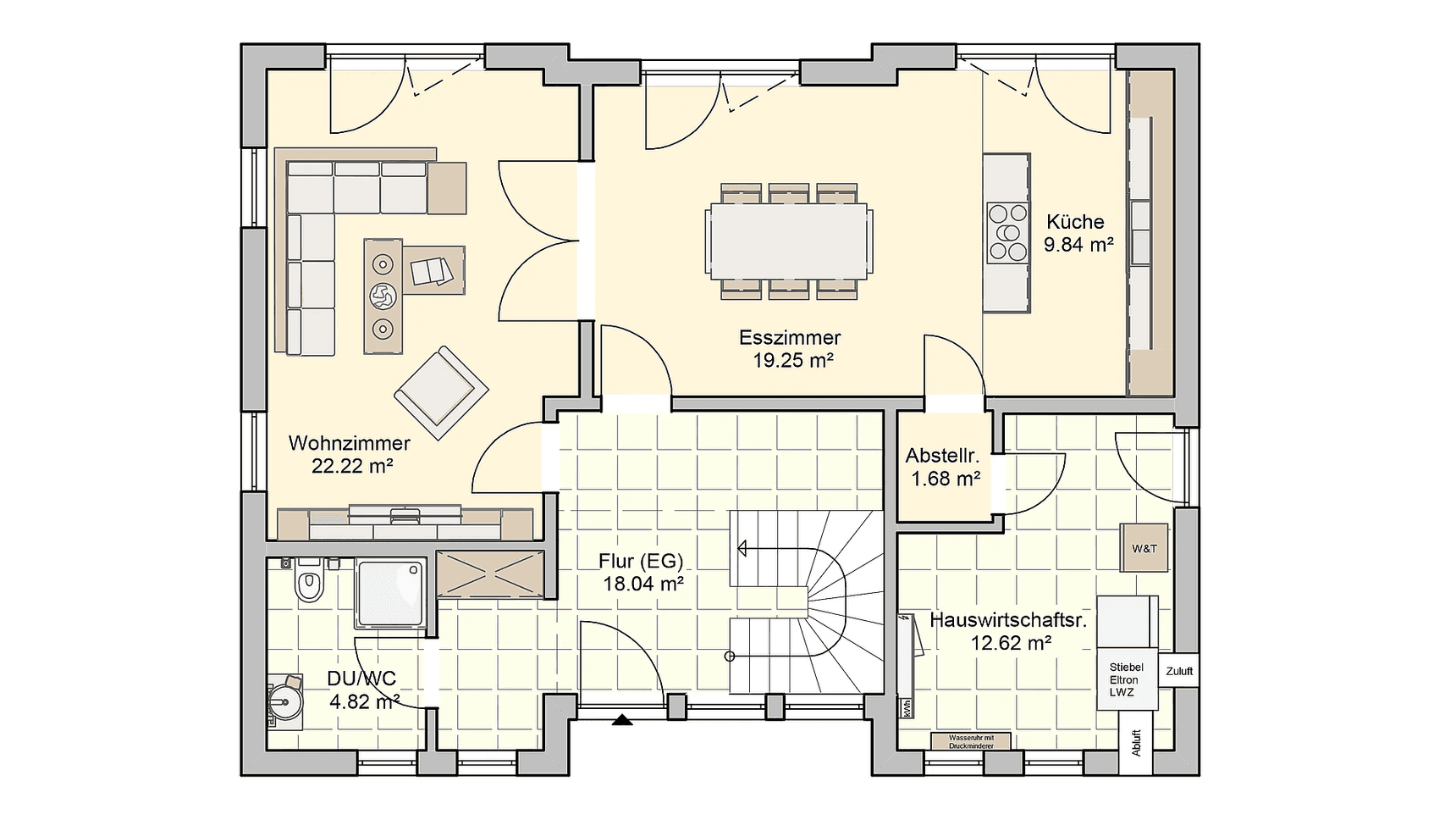 Grundriss Erdgeschoss mit Wohnzimmer, Esszimmer, Küche, Hauswirtschaftsraum, Flur und Badezimmer in neutralen Farben
