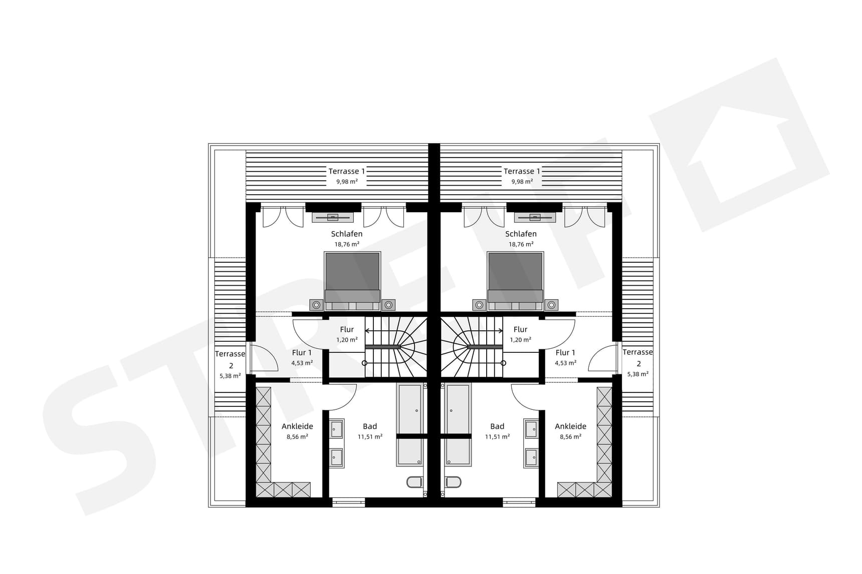 Grundriss des Dachgeschosses von Doppelhaus mit Staffelgeschoss
