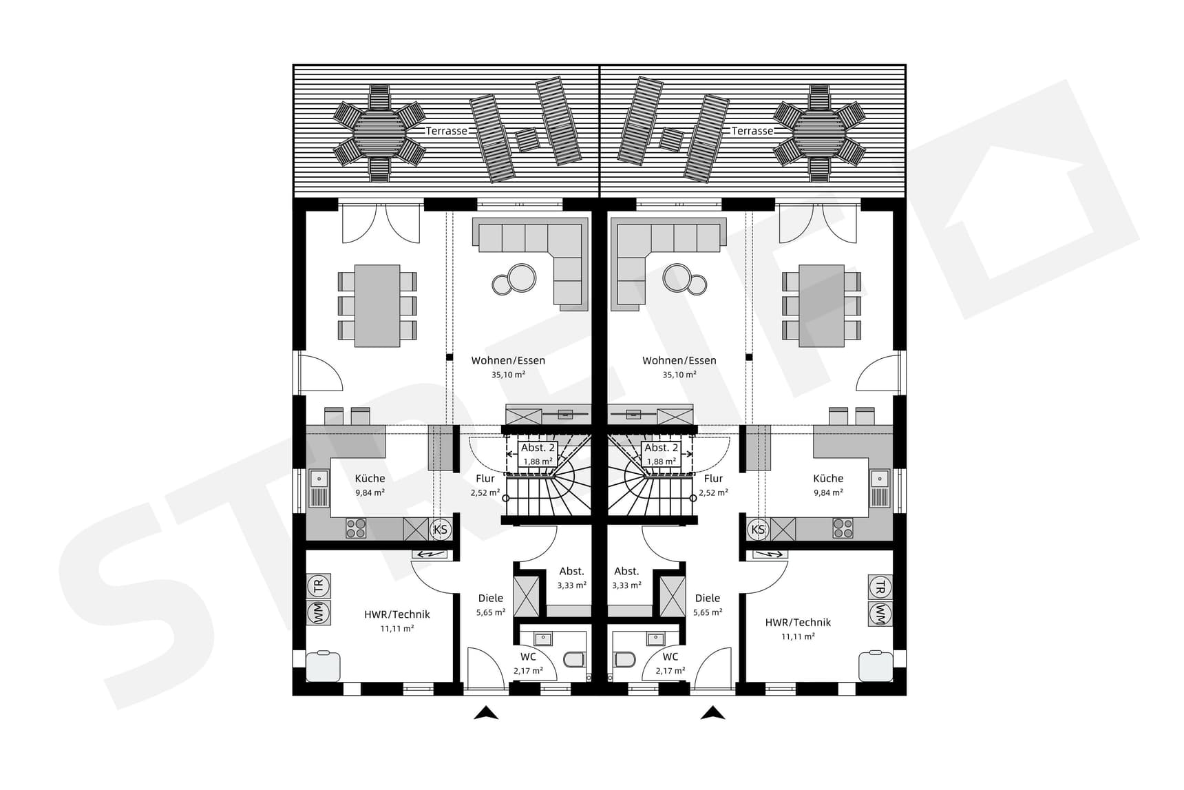 Grundriss des Erdgeschosses von Doppelhaus mit Staffelgeschoss