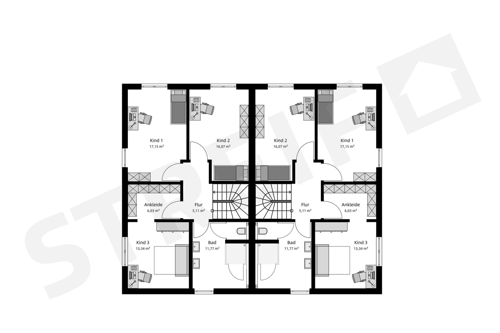 Grundriss des Obergeschosses von Doppelhaus mit Staffelgeschoss