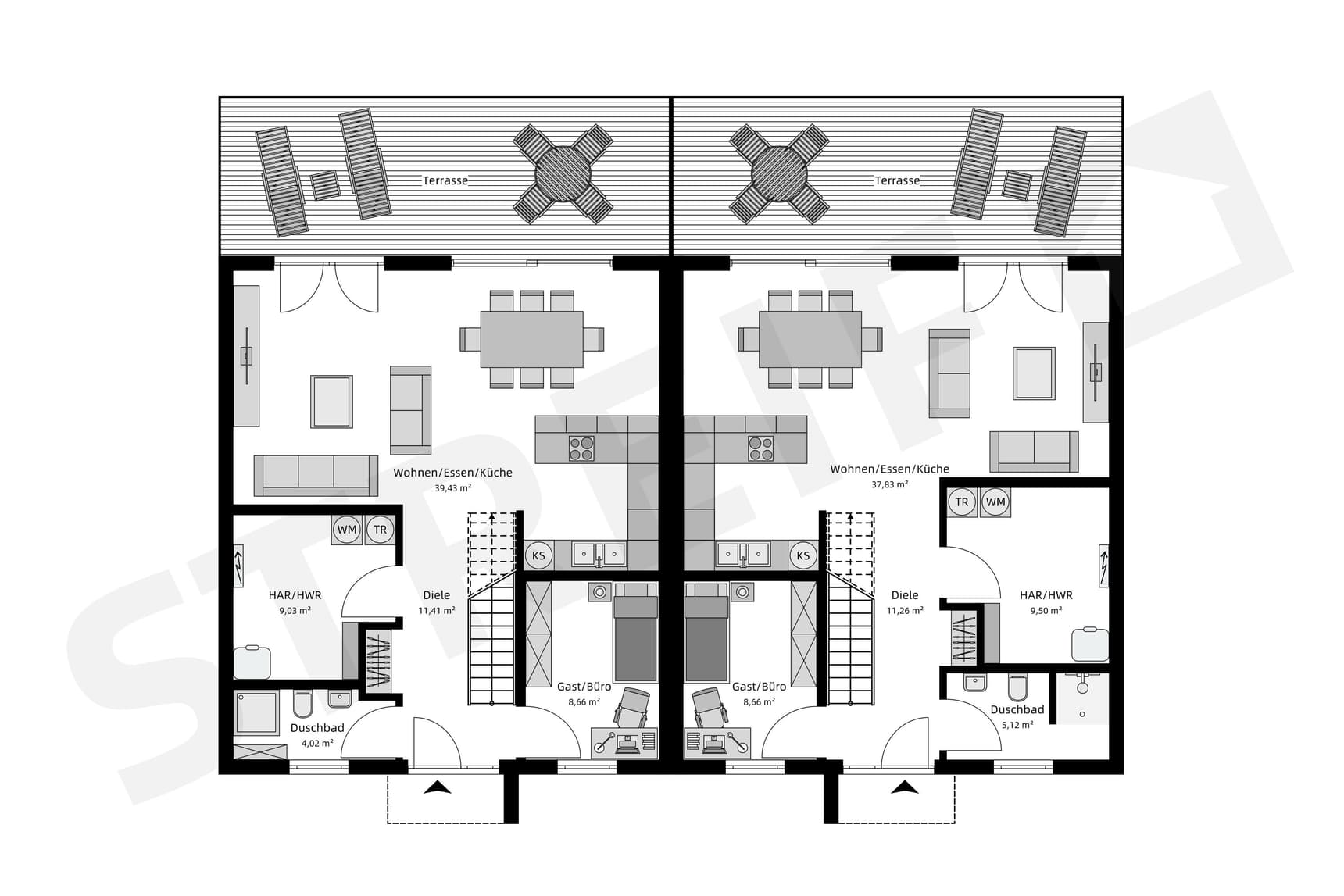 Grundriss des Erdgeschosses von Doppelhaushälfte mit Flachdach