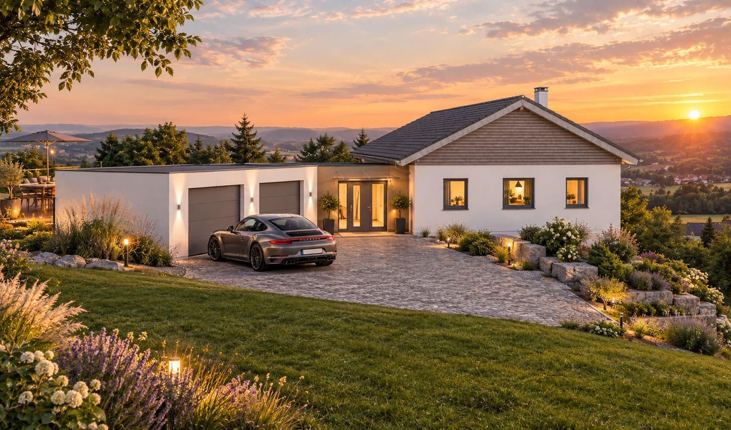 Moderne weiße Einfamilienhaus mit Holzfassade, doppelter Garage, grauem Sportwagen und beleuchtetem Garten bei Sonnenuntergang