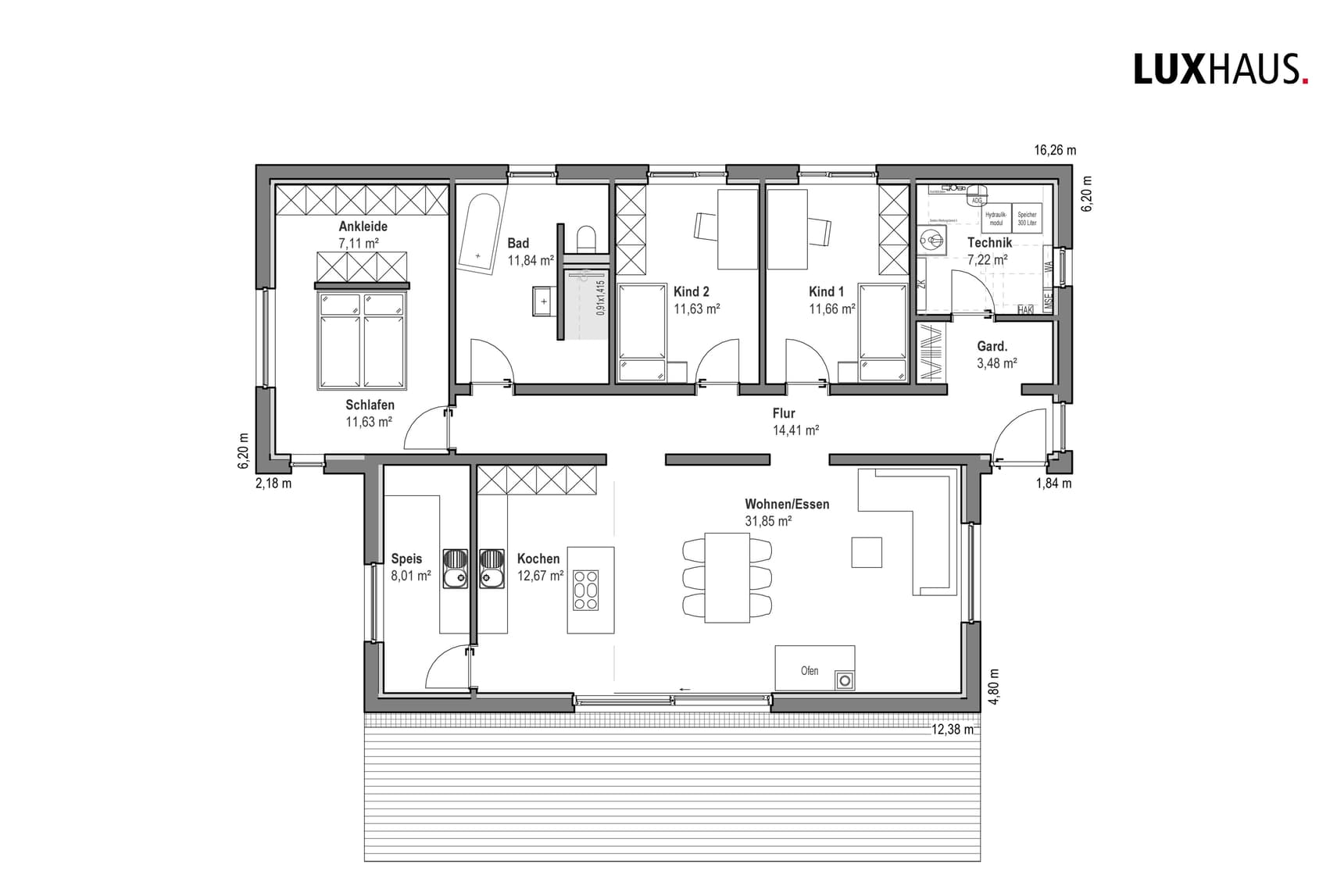 Schwarz-weißer Grundriss eines Einfamilienhauses mit Wohn-Essbereich, Küche, Bad, Schlafzimmer, Kinderzimmern, Technikraum und Ankleide