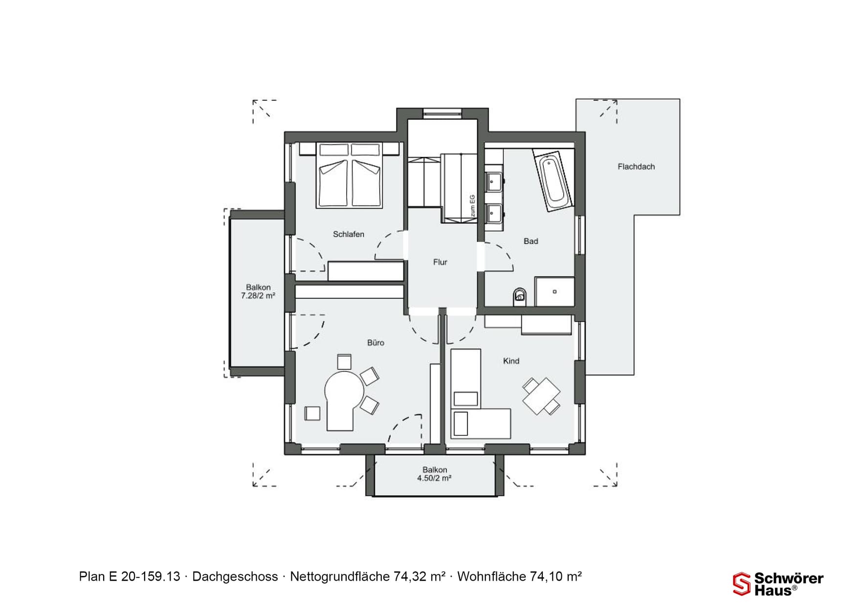 Grundriss Dachgeschoss Schwörer-Musterhaus Dölzig mit Schlafzimmer, Büro, Kinderzimmer, Bad, Flur und zwei Balkonen