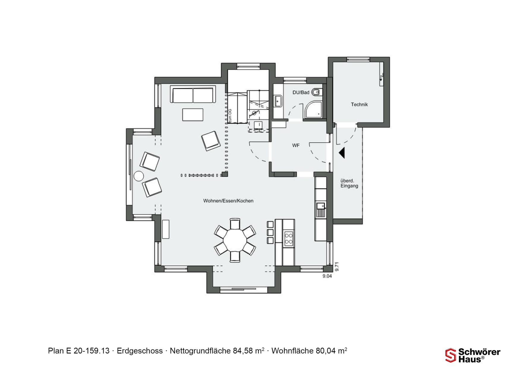 Grundriss Erdgeschoss Schwörer-Musterhaus Dölzig mit Wohn-Ess-Kochbereich, Technikraum, DU/Bad und überdachtem Eingang