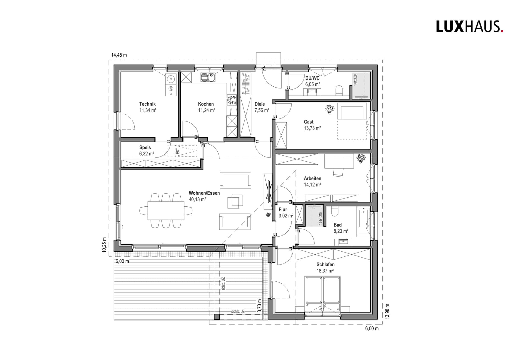 Grundriss eines Einfamilienhauses mit Wohn-Essbereich, Küche, Schlafzimmer, Bad, Arbeits- und Gästezimmer und Terrasse