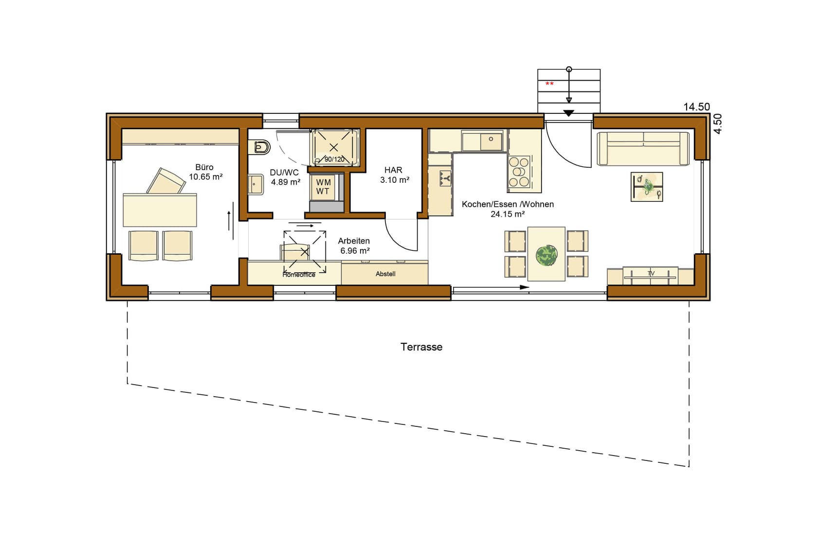 Grundriss Erdgeschoss mit Büro, Badezimmer, Hauswirtschaftsraum, Arbeiten Bereich und offenem Wohn-Ess-Kochbereich mit Terrasse