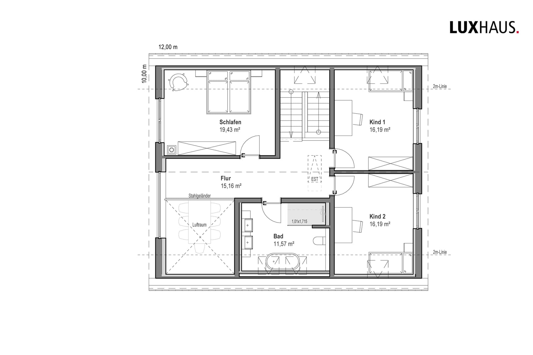 Grundriss Obergeschoss mit Schlafzimmer, zwei Kinderzimmern, Flur und Badezimmer mit Badewanne und Dusche von Luxhaus