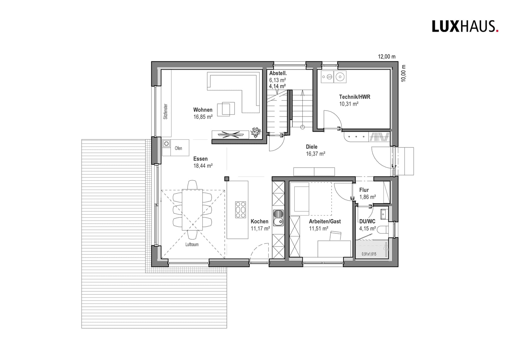 Grundriss Erdgeschoss mit Wohn-, Essbereich, Küche, Arbeitszimmer, Technikraum, Abstellraum, Dusche und Diele und Terrasse aus Holz