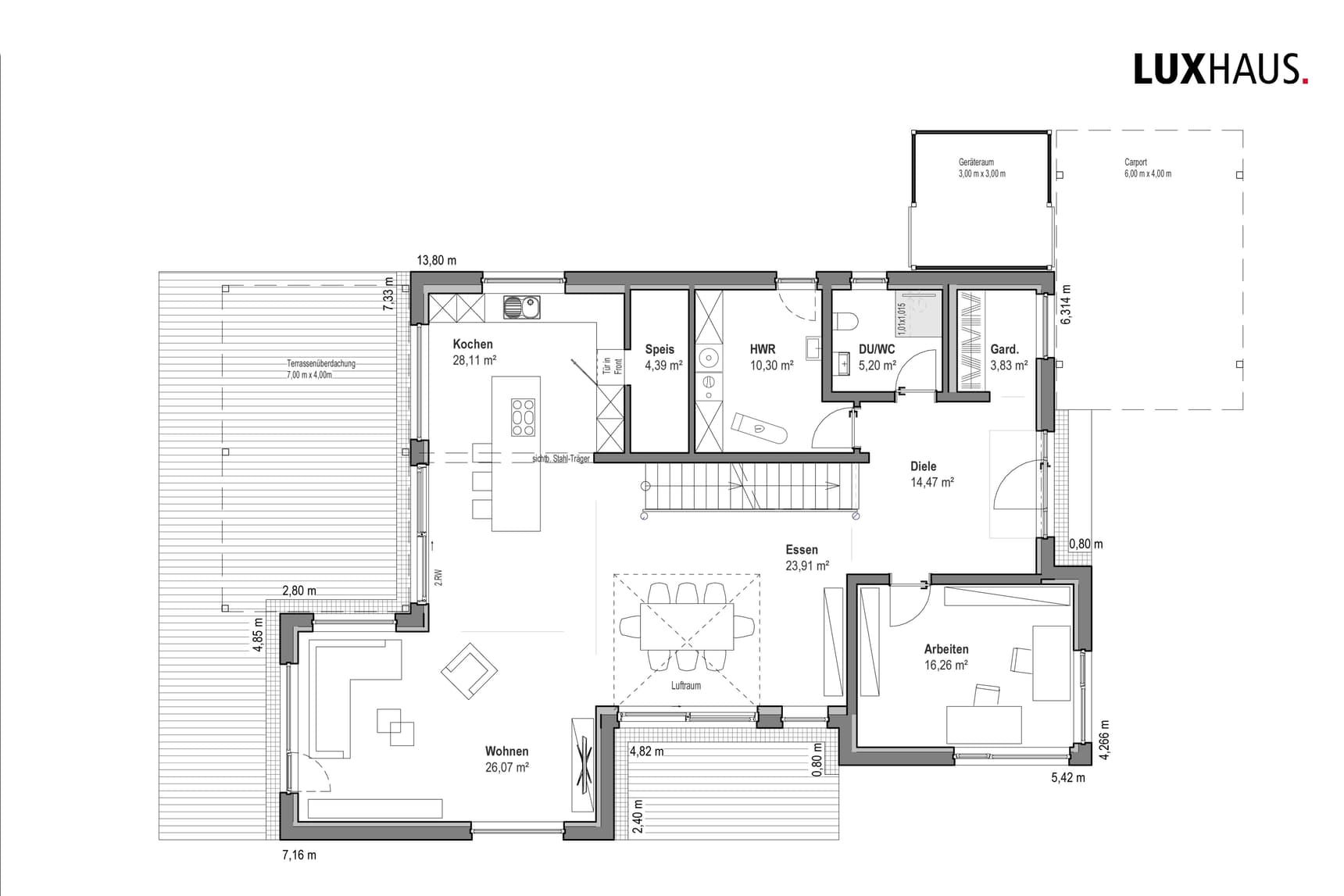 Grundriss Erdgeschoss mit Wohnzimmer, Küche, Essbereich, Arbeitszimmer, Garderobe, Dusche/WC, Hauswirtschaftsraum, Speisekammer und Terrasse