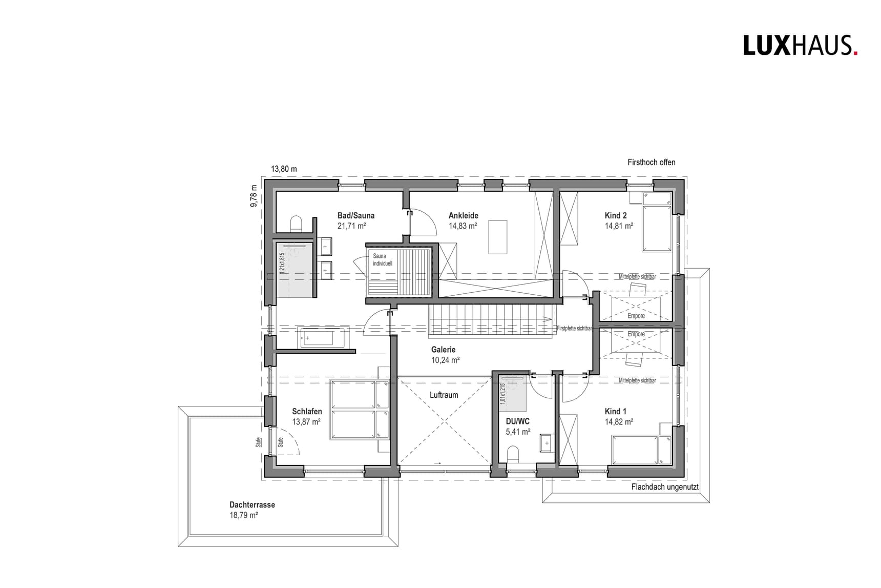 Architekten-Grundriss Obergeschoss mit Schlafzimmer, Ankleide, zwei Kinderzimmern, Bad mit Sauna und Dachterrasse in Schwarz-Weiß