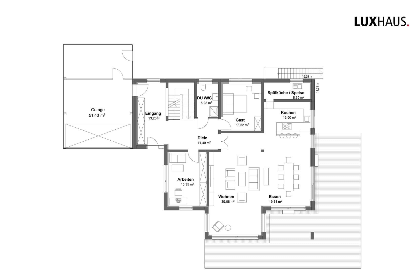 Grundriss eines modernen Hauses mit Garage, Eingang, Gästezimmer, Wohn-Essbereich, Küche, Speisekammer, Büro und Gäste-WC