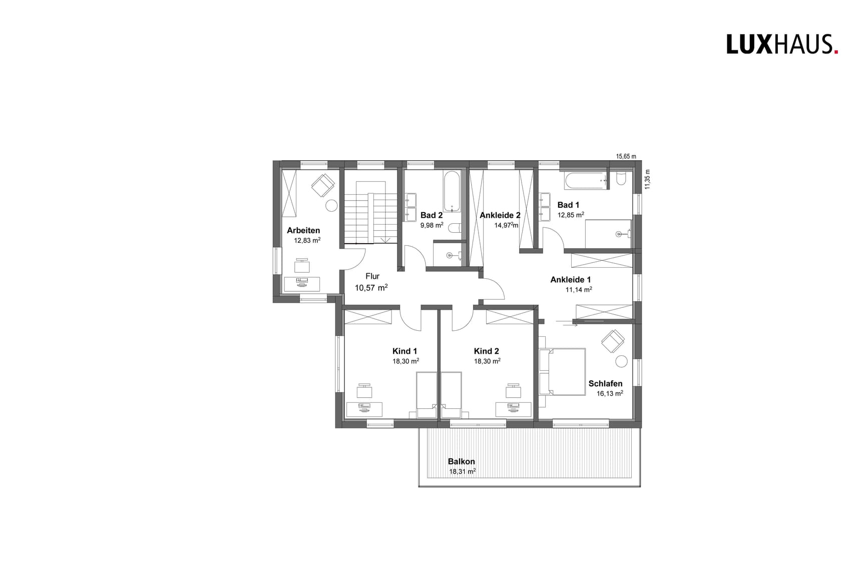 Grundriss Obergeschoss mit zwei Kinderzimmern, Schlafzimmer, zwei Bädern, Ankleiden, Arbeitszimmer und Balkon von Luxhaus