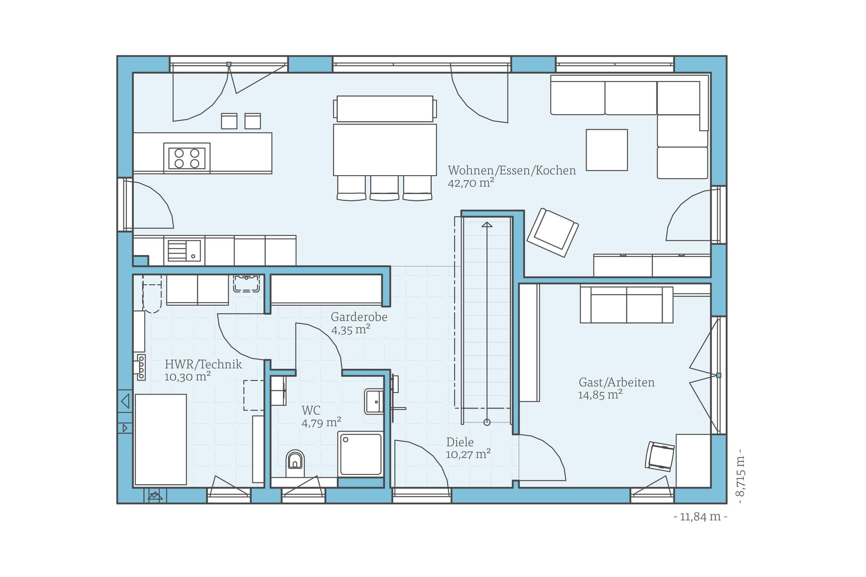 Grundriss Erdgeschoss Musterhaus mit offener Küche, Wohn- und Essbereich, Gästezimmer, WC, Diele und Hauswirtschaftsraum.