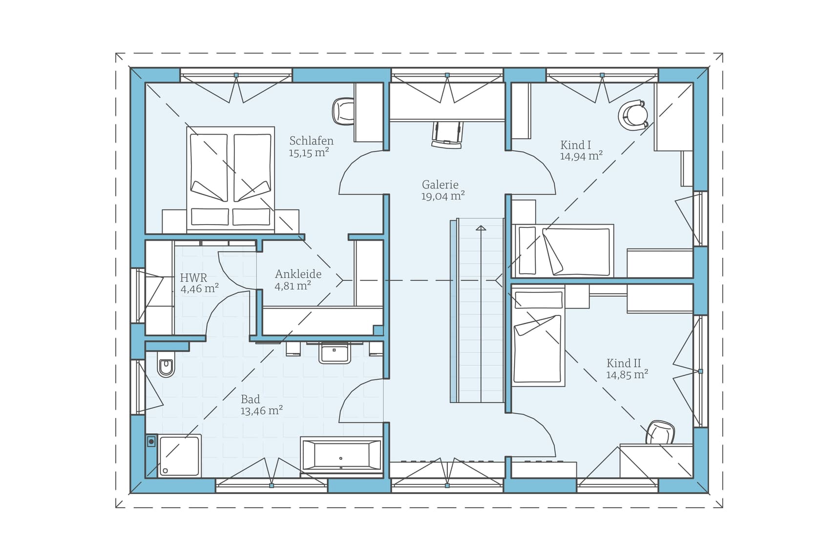 Grundriss Obergeschoss Musterhaus mit Schlafzimmer, Ankleide, Bad, Hauswirtschaftsraum, zwei Kinderzimmern und Galerie.
