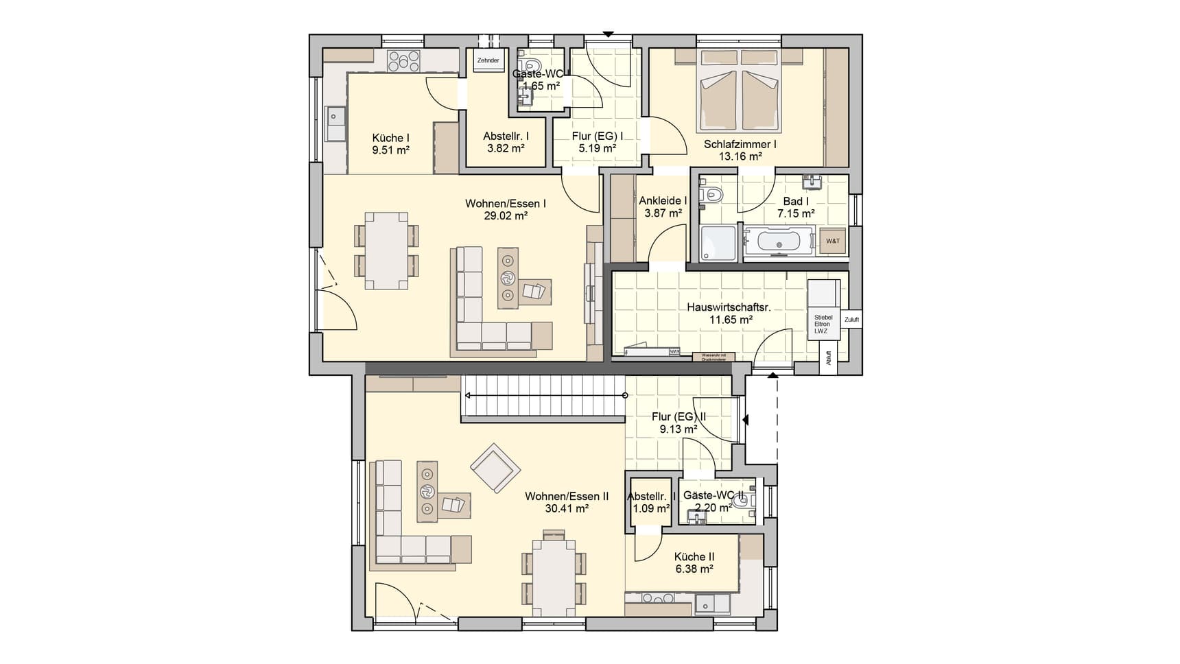 Grundriss Erdgeschoss mit zwei Wohneinheiten, jeweils Wohnzimmer, Küche, Bad, Gäste-WC und Abstellraum in neutralen Farben