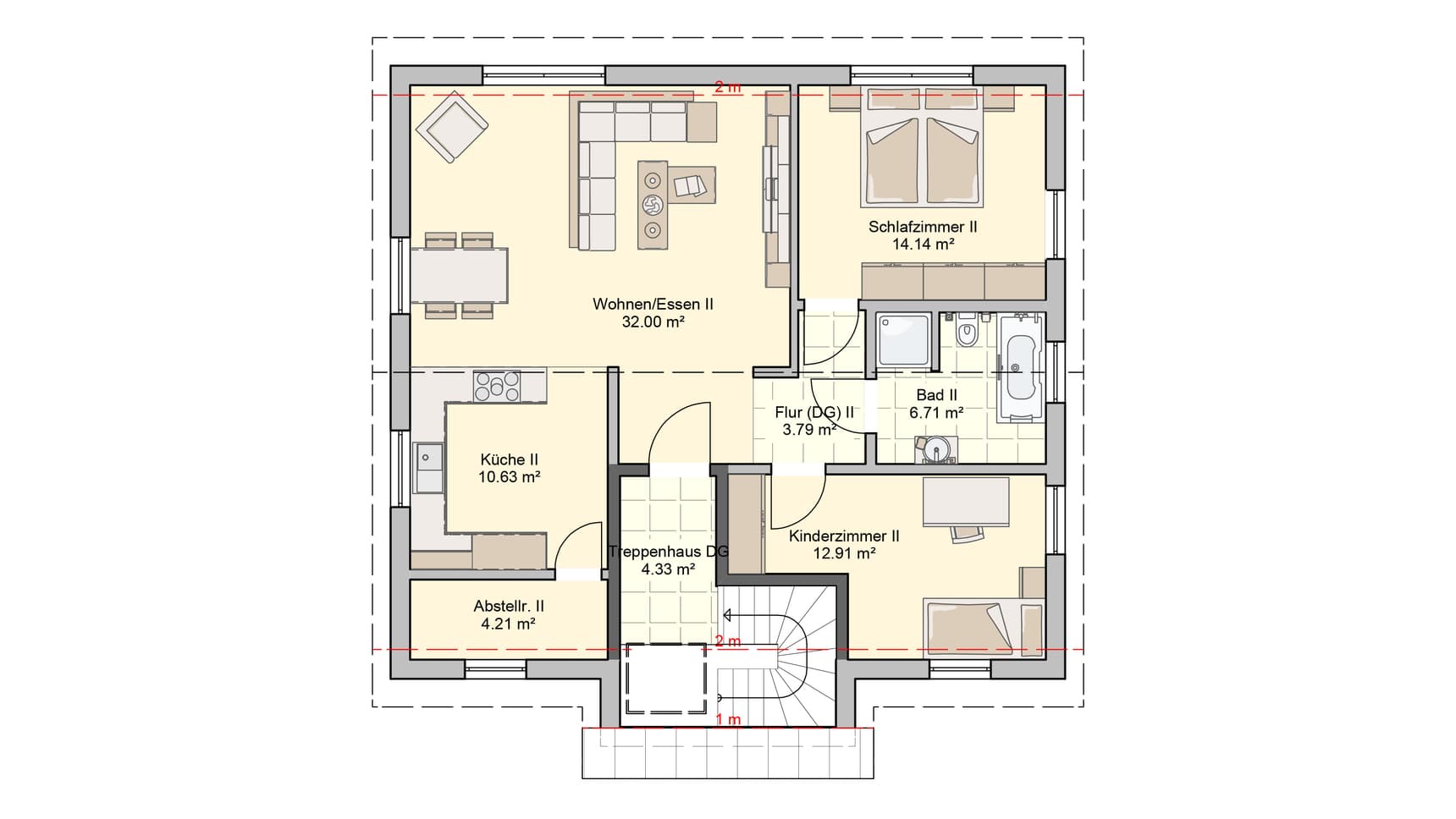 Grundriss eines Hauses mit Wohnzimmer, Küche, Schlafzimmer, Kinderzimmer, Bad, Flur und Abstellraum in neutralen Farben