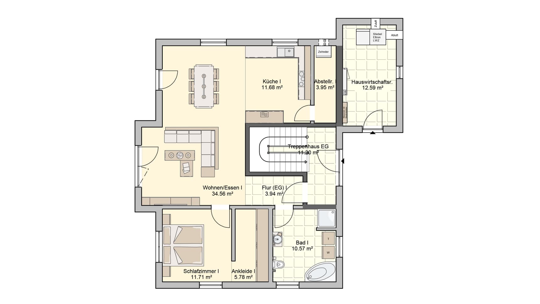 Grundriss Erdgeschoss mit Wohnzimmer, Küche, Schlafzimmer, Bad, Hauswirtschaftsraum und Treppenhaus in beige und weiß