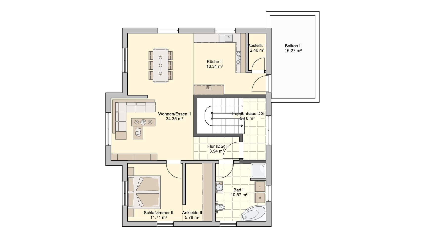 Grundriss Dachgeschoss mit Wohnzimmer, Küche, Schlafzimmer, Ankleide, Bad, Flur, Treppenhaus und Balkon in neutralen Farben