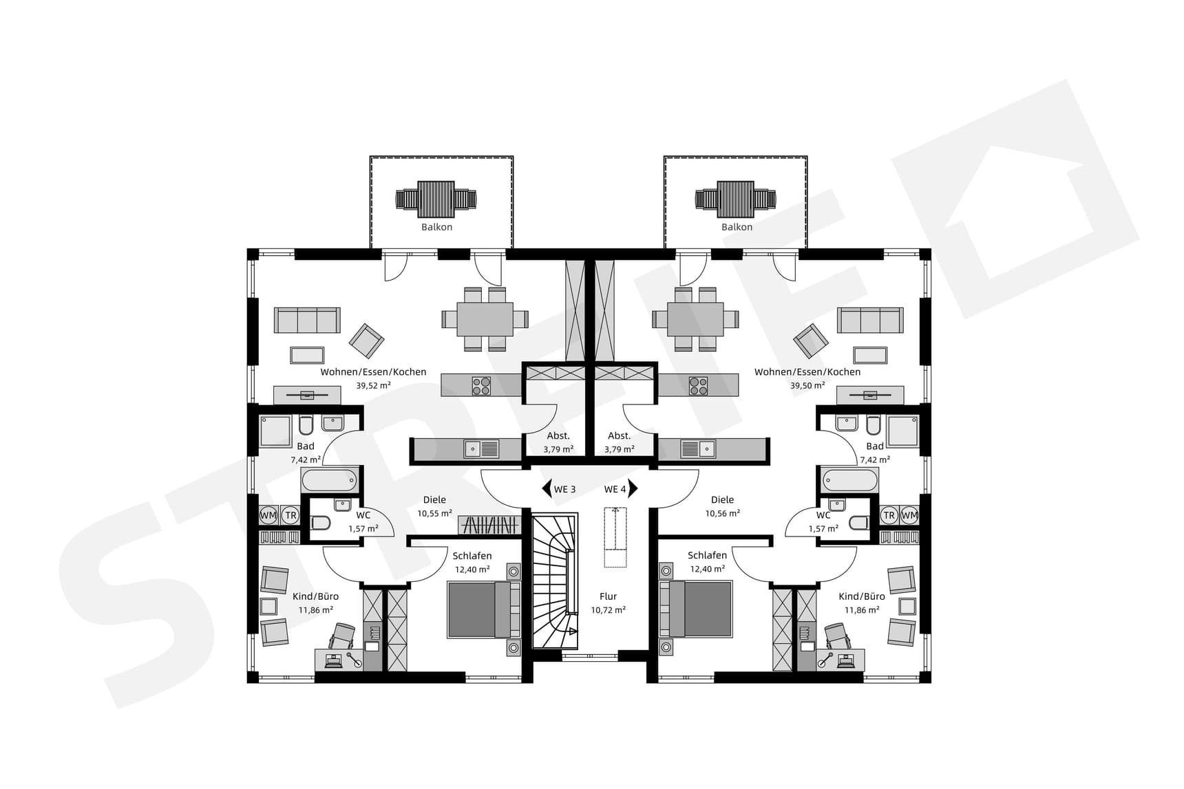 Grundriss des Obergeschosses von Individuelles Mehrfamilienhaus mit 4 Wohneinheiten