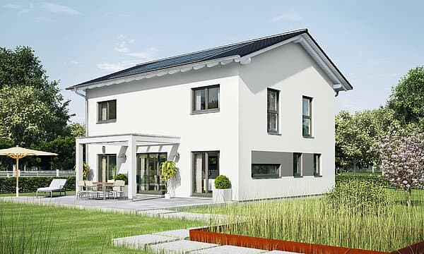 Modernes weiße Einfamilienhaus mit Flachdach, großem Garten, Terrasse mit Pergola