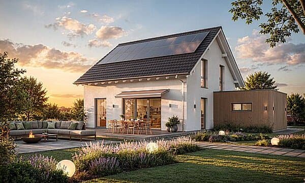 Modernes weißes Einfamilienhaus mit Solarpaneelen auf dem Dach und gemütlicher Gartenterrasse in Abendstimmung