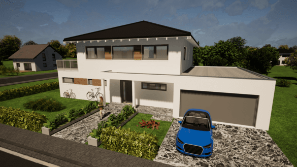 Modernes zweistöckiges Einfamilienhaus weiß mit Flachdach und Satteldach, Garage und Garten