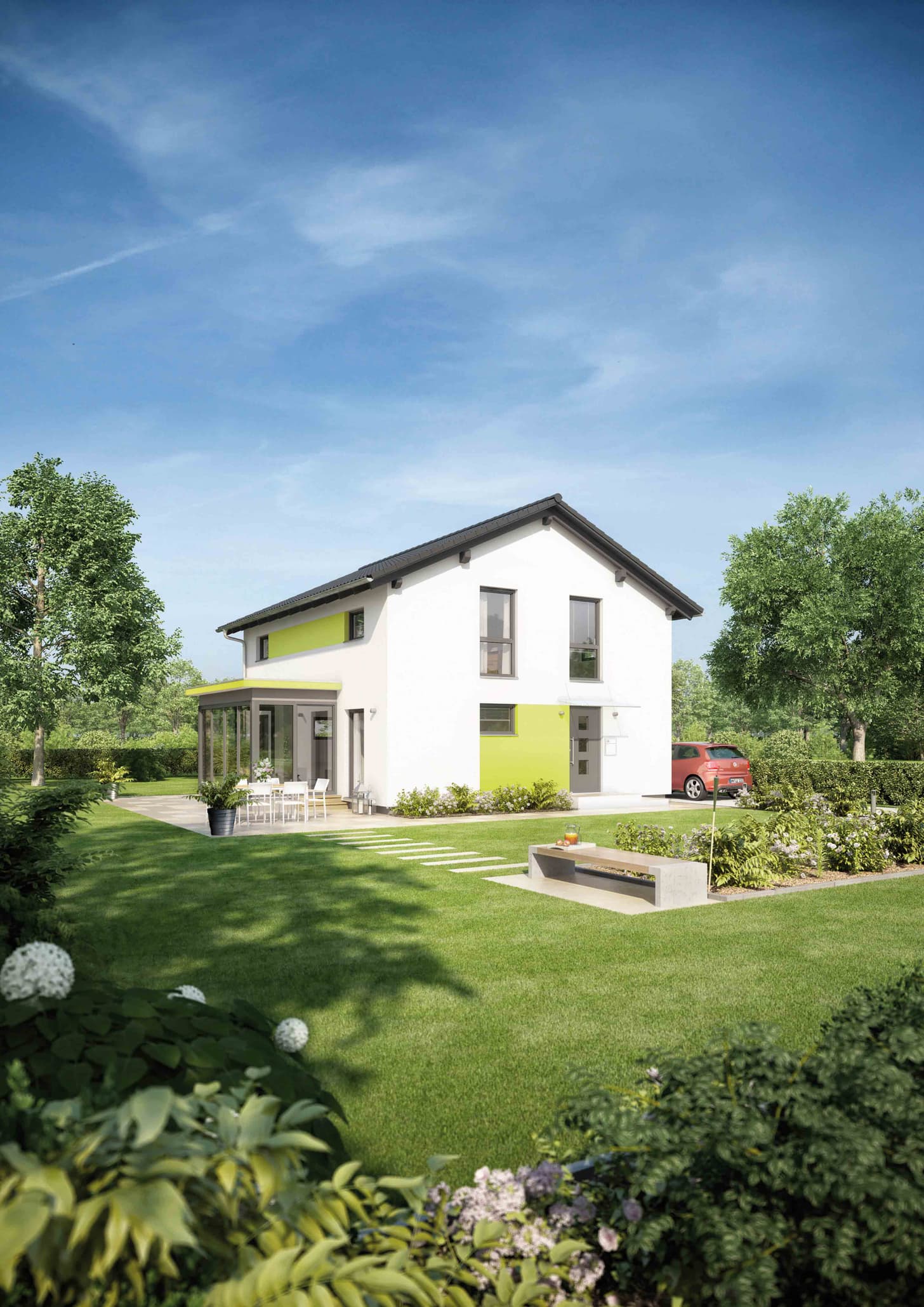 Modernes weißes Einfamilienhaus mit grünem Akzent, Garten, Terrasse und rotem Auto bei sonnigem Wetter