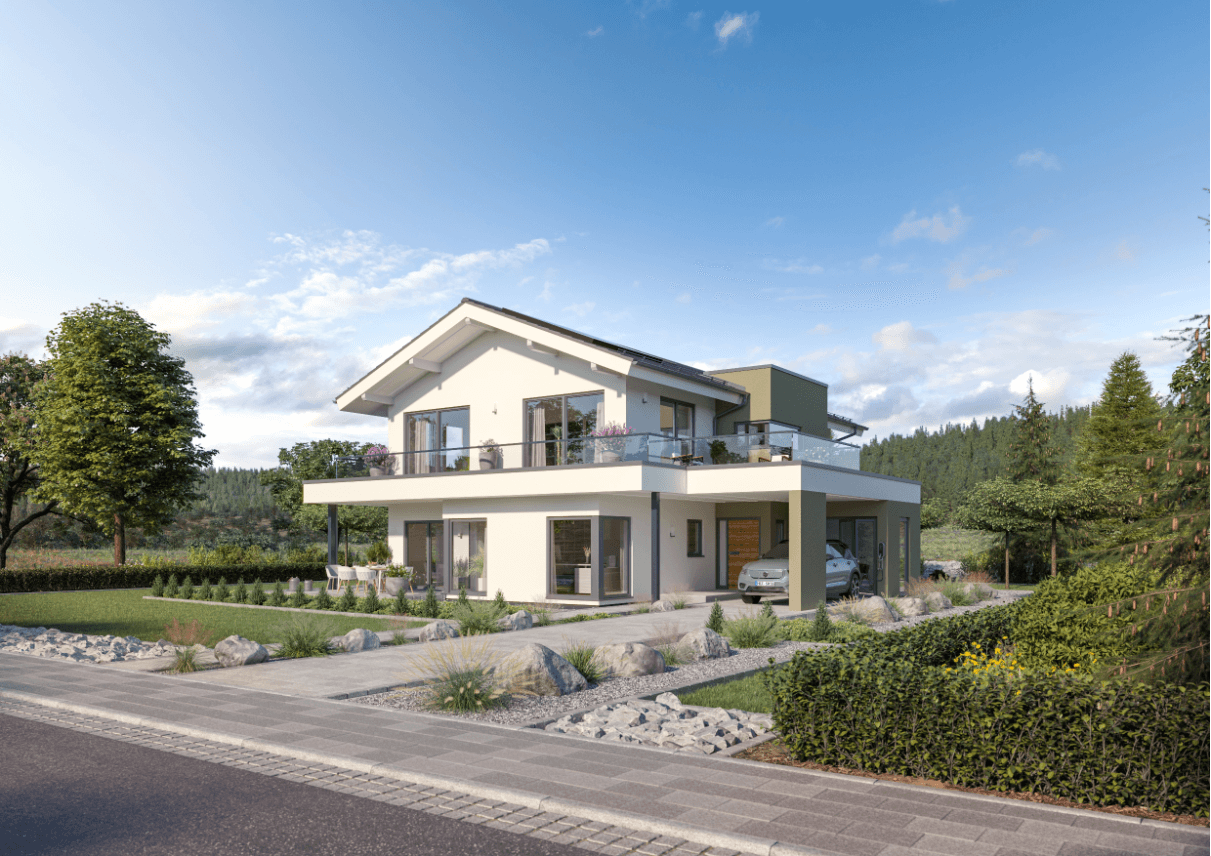 Modernes zweistöckiges Haus mit weißer Fassade, großem Balkon, Carport und gepflegtem Garten in ländlicher Umgebung