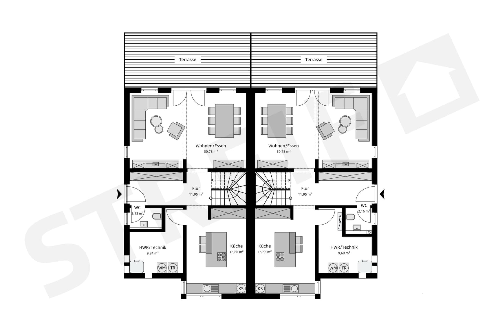 Grundriss des Erdgeschosses von Moderne Doppelhaushälfte