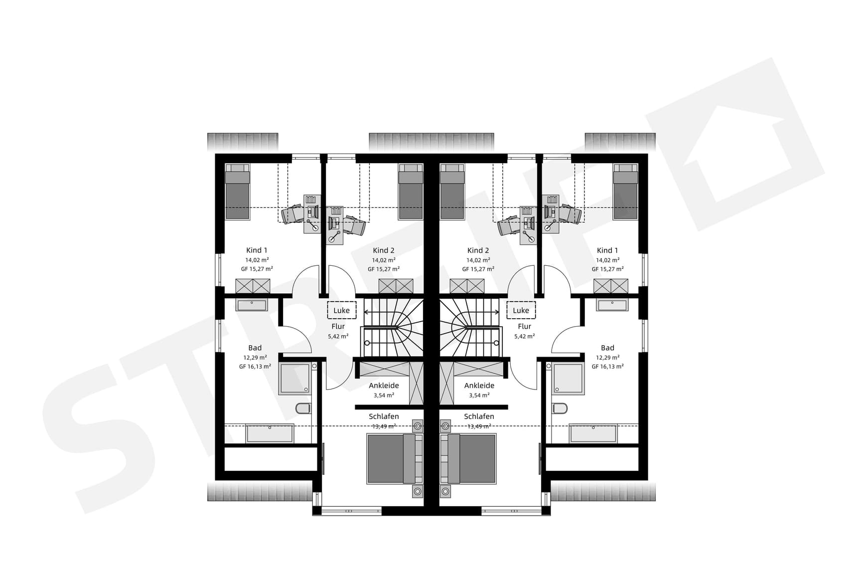 Grundriss des Obergeschosses von Moderne Doppelhaushälfte