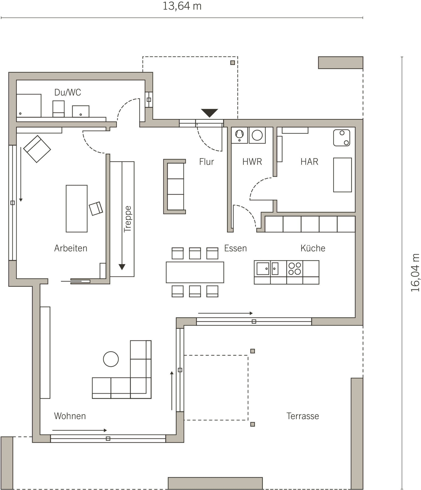 Grundriss Wohnhaus Erdgeschoss mit Wohn-, Arbeitszimmer, Küche, Essen, Flur, Du/WC, Hauswirtschaftsraum, Terrasse Maße 13,64 x 16,04 Meter