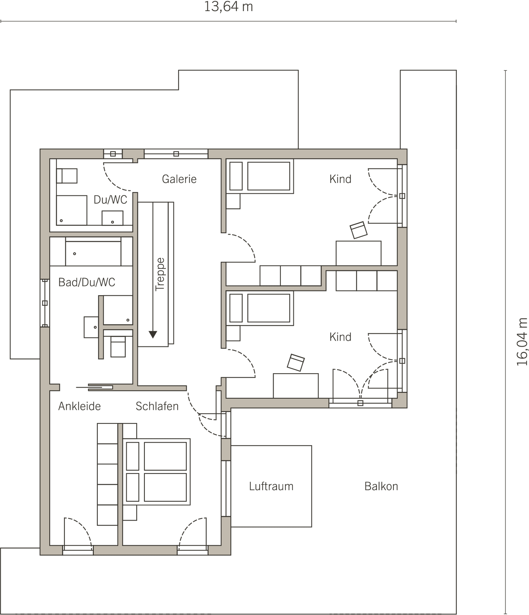 Grundriss Obergeschoss mit Schlafzimmer, Ankleide, zwei Kinderzimmern, Bädern, Galerie, Treppe und Balkon in schwarz und beige