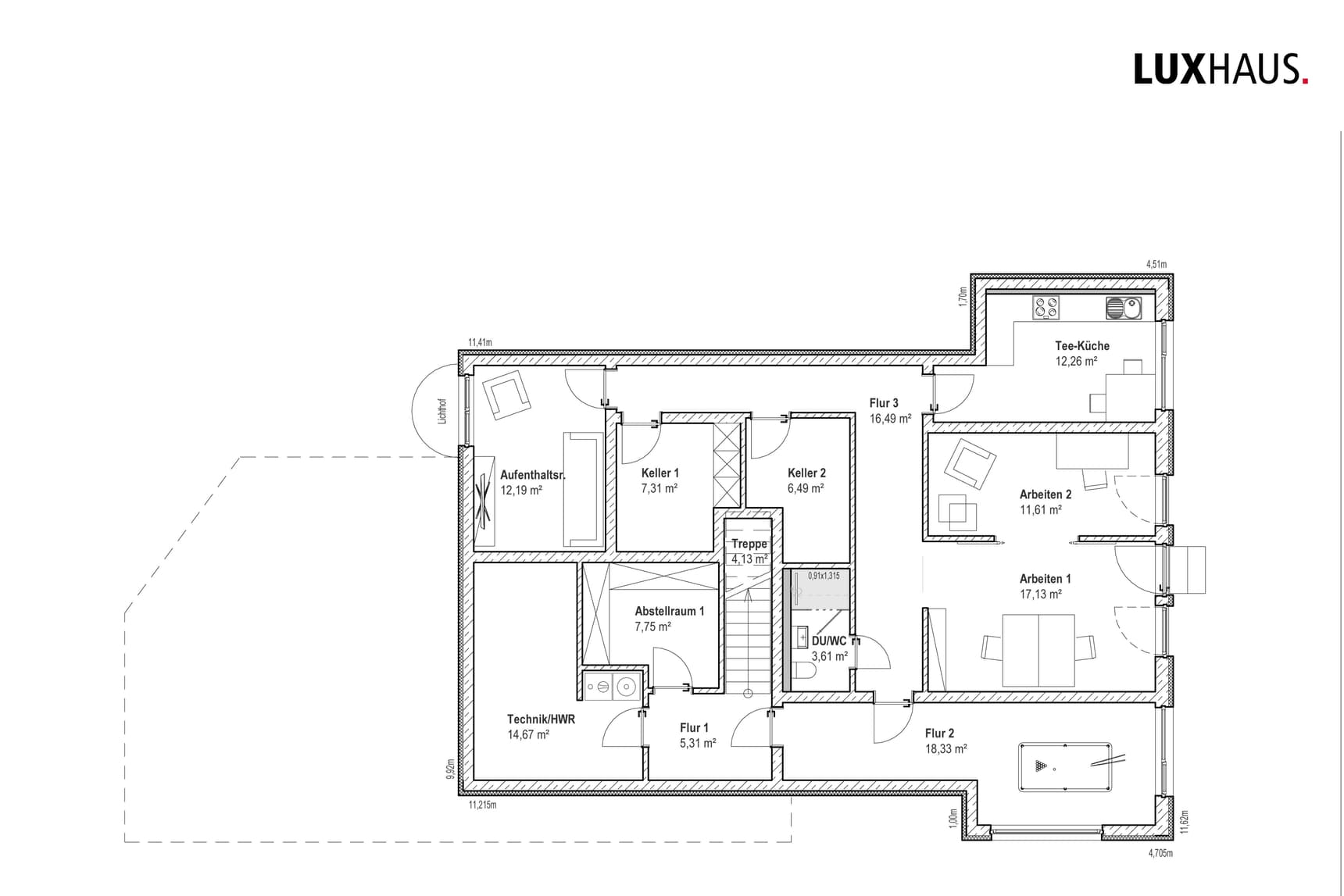 Grundriss Keller Luxhaus mit Technikraum, Abstellraum, Duschecke, Aufenthaltsraum, zwei Arbeitszimmern und Teeküche