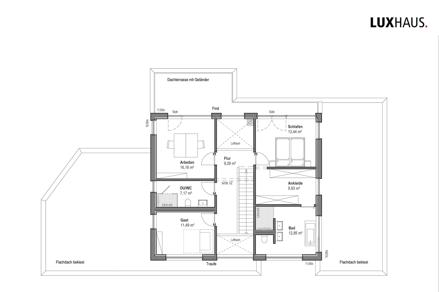 Grundriss Obergeschoss mit Schlafzimmer, Ankleide, Arbeitszimmer, Gästezimmer, Bad, DU/WC und Dachterrasse mit Geländer