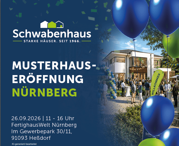 Werbeplakat zur Musterhauseröffnung von Schwabenhaus mit modernem Haus und blauen sowie grünen Luftballons im Außenbereich