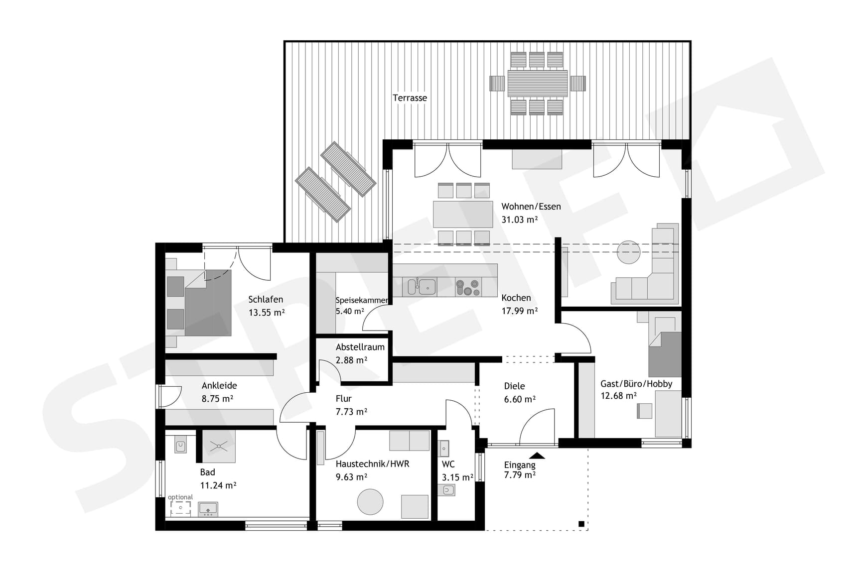 Grundriss von Winkelbungalow im Bauhausstil