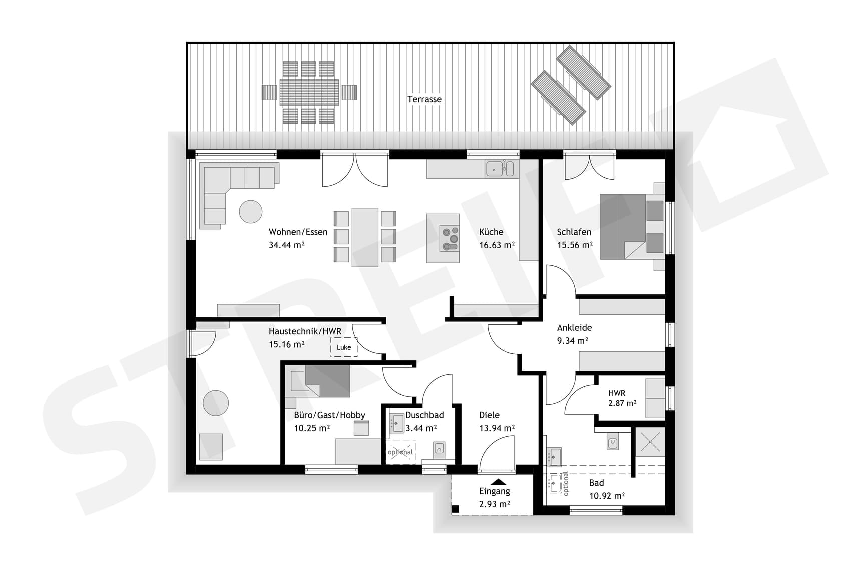 Grundriss von Winkelbungalow mit Walmdach